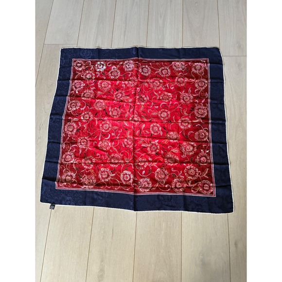 Vintage 100% Silk Scarf Italy Floral Jacquard Navy Blue Red Square Foulard - Picture 1 of 7
